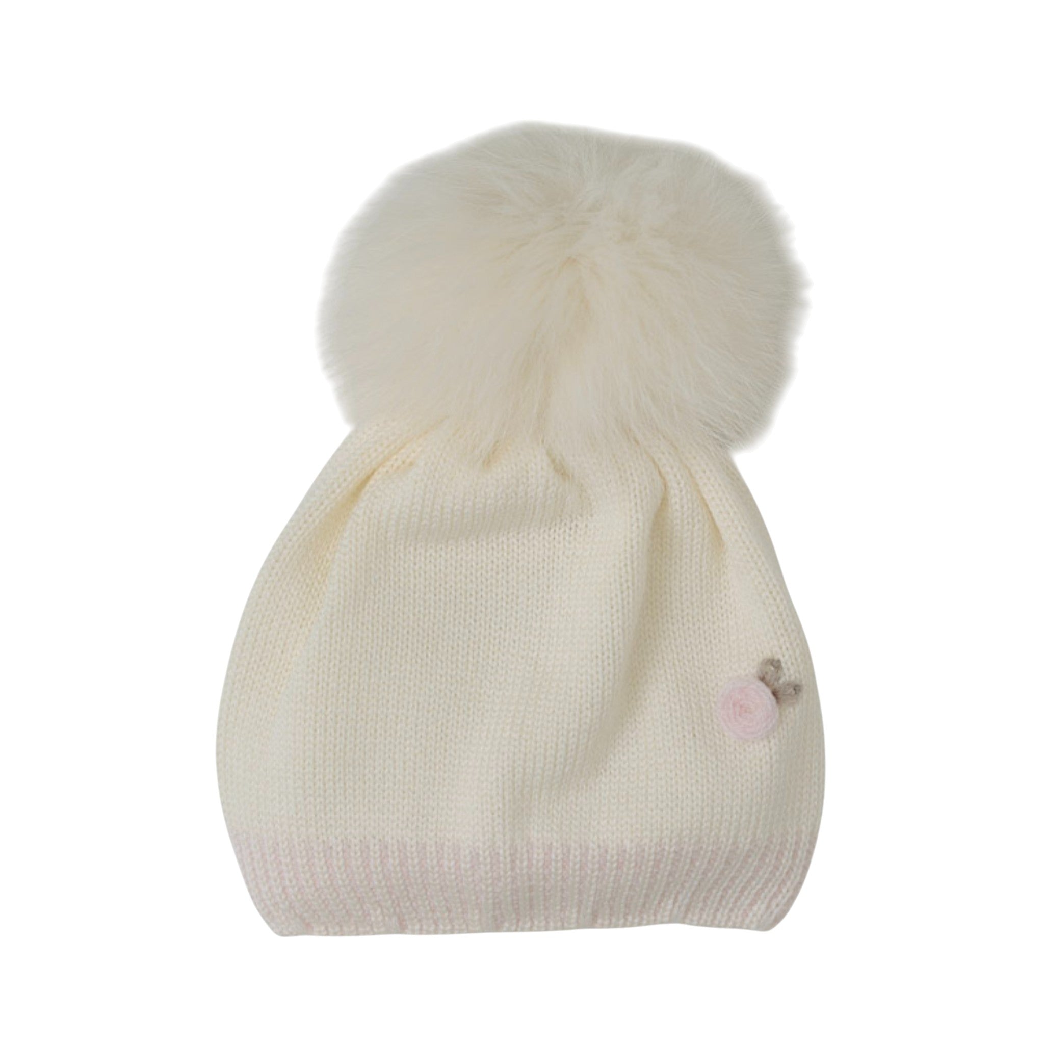 100% Virgin Wool Baby Hat, Vanilla, Flower, Pon Pon IN1071/V