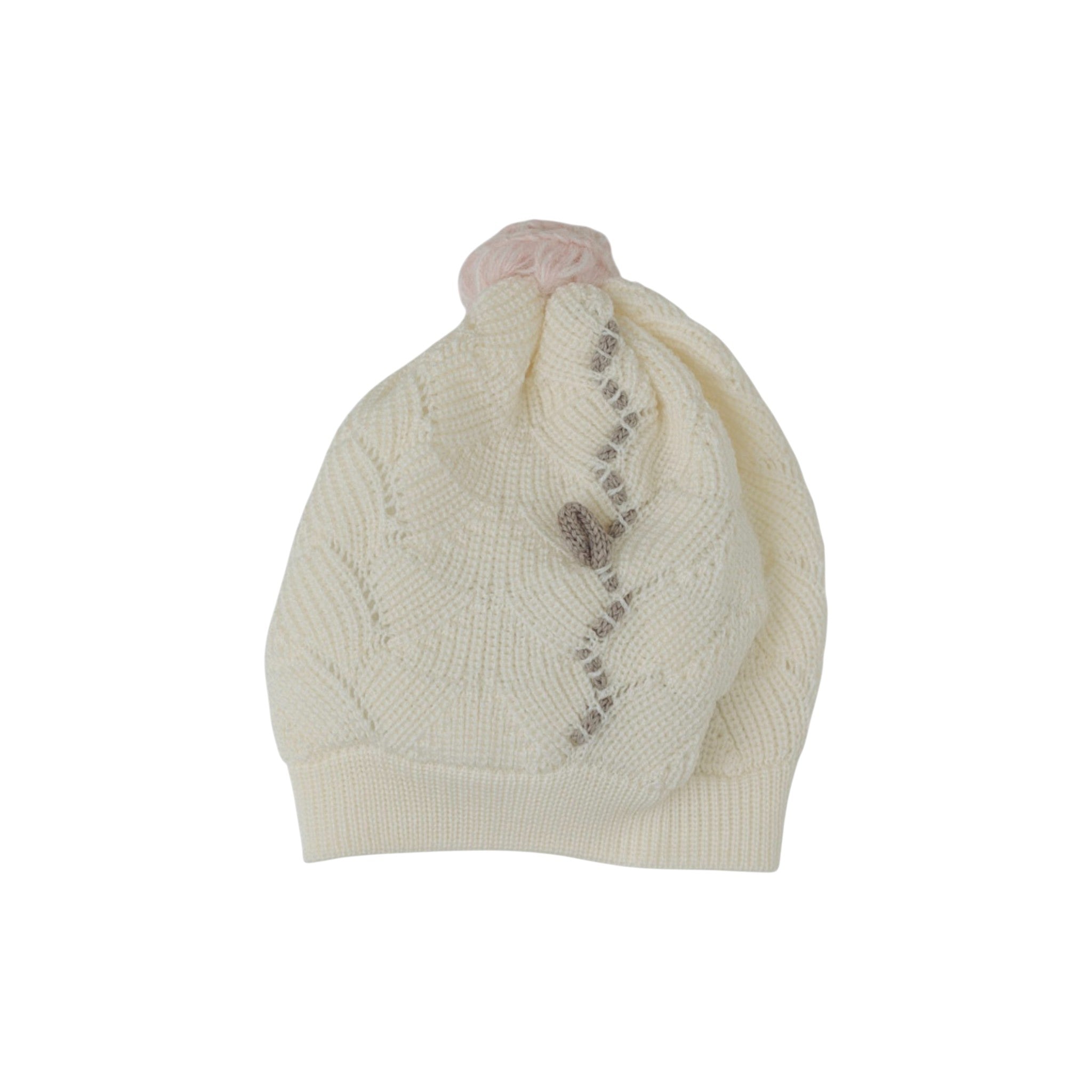 100% Virgin Wool Baby Hat, Vanilla Color, Openwork Flower Design, Pink IN2571