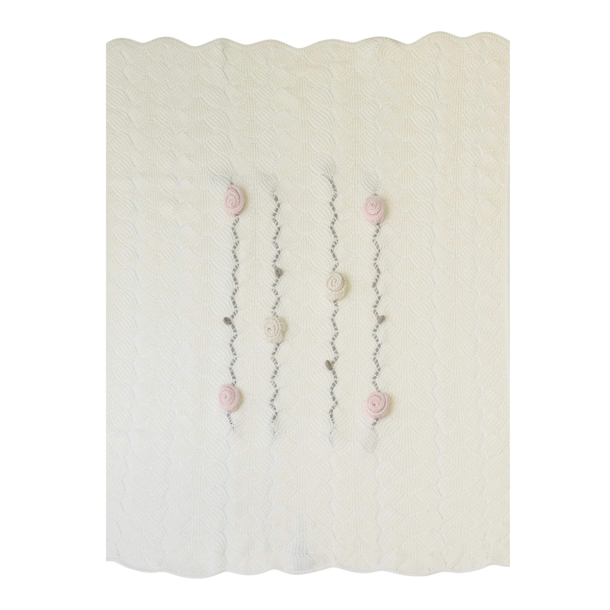 100% Virgin Wool Baby Blanket, Vanilla with Pink Flowers IN2580