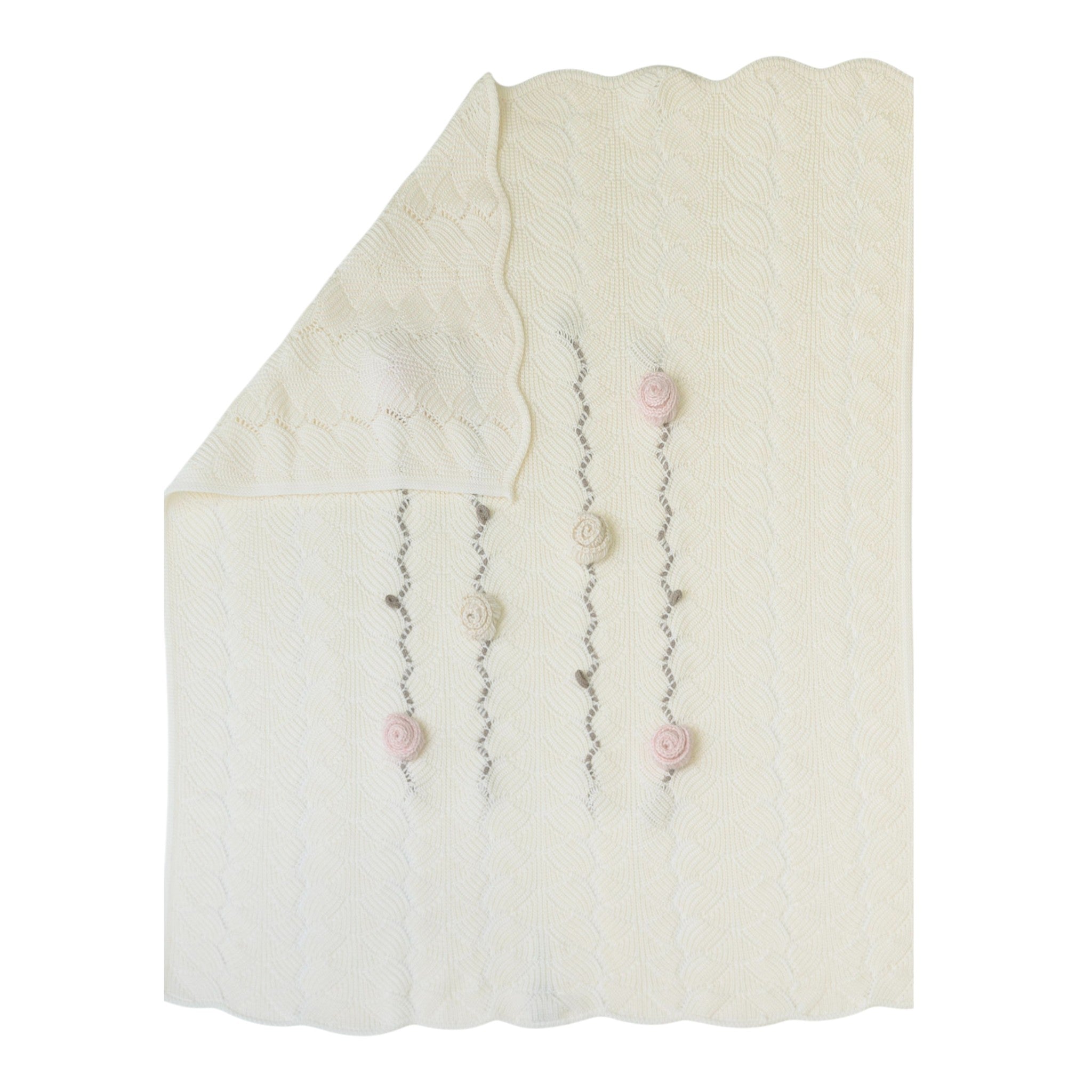 100% Virgin Wool Baby Blanket, Vanilla with Pink Flowers IN2580