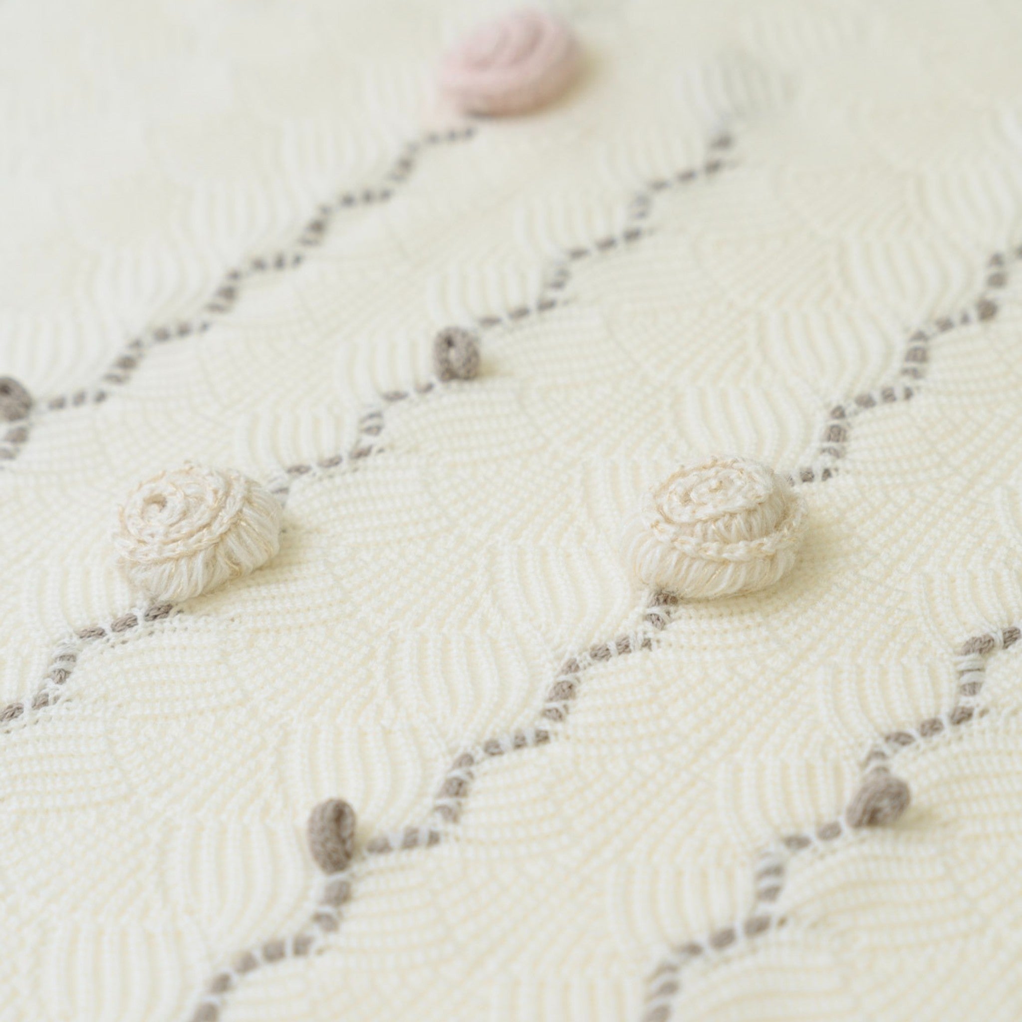 100% Virgin Wool Baby Blanket, Vanilla with Pink Flowers IN2580