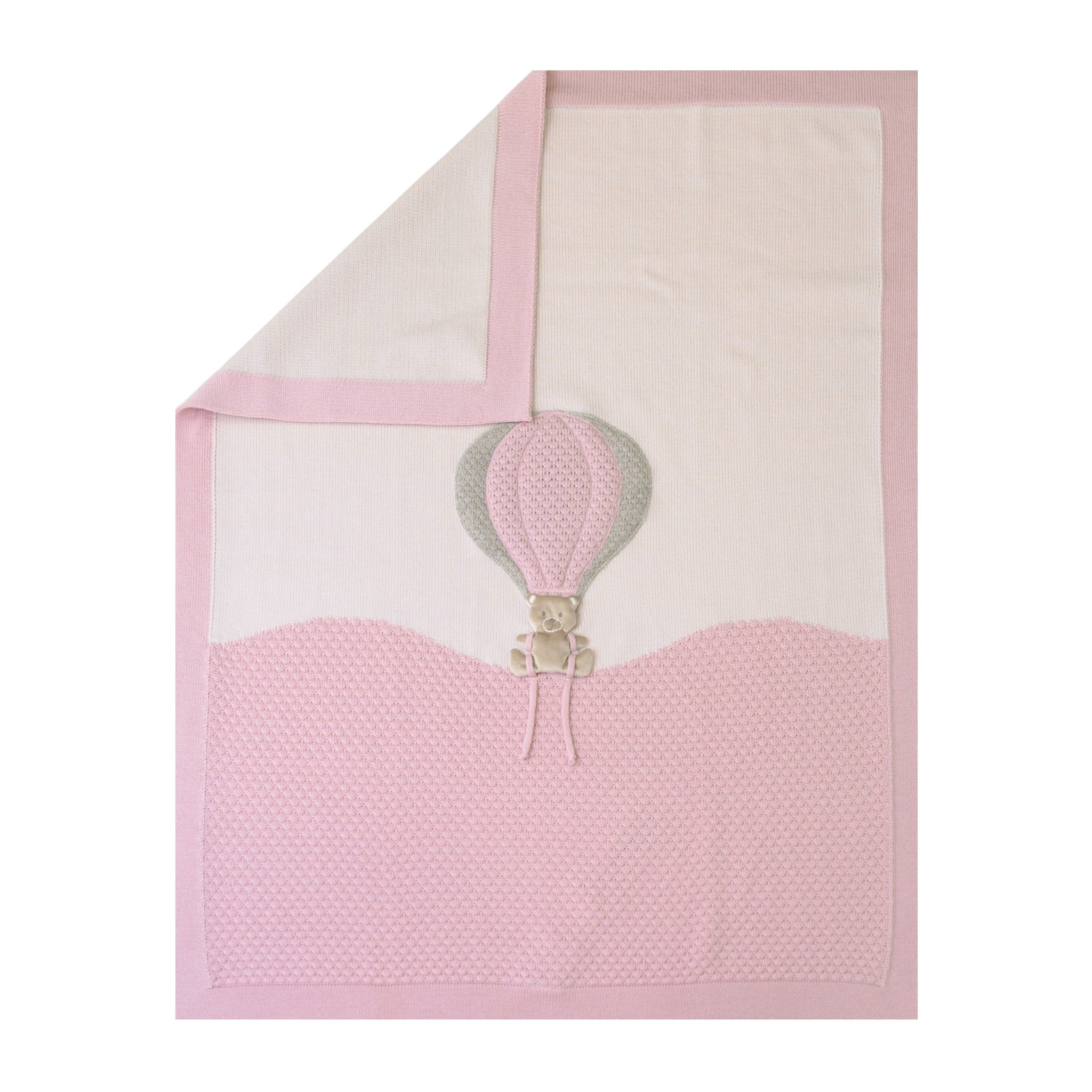 100% Virgin Wool Baby Blanket, Pink Hot Air Balloon Bear Design IN5780/R