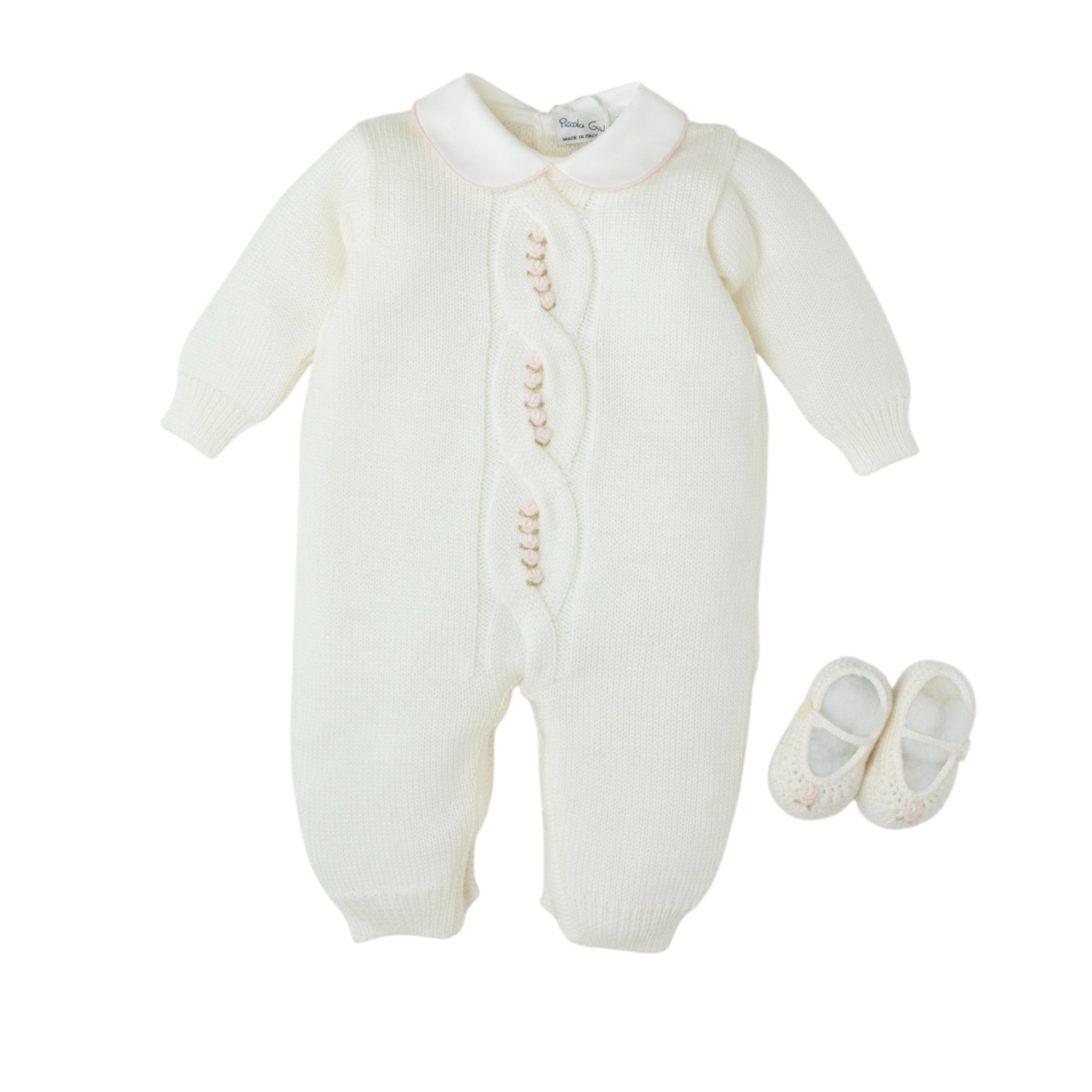 Tutina Babbucce Pura Lana Ricamo Treccia OLLY Piccola Giuggiola panna rosa artigianale Made in Italy