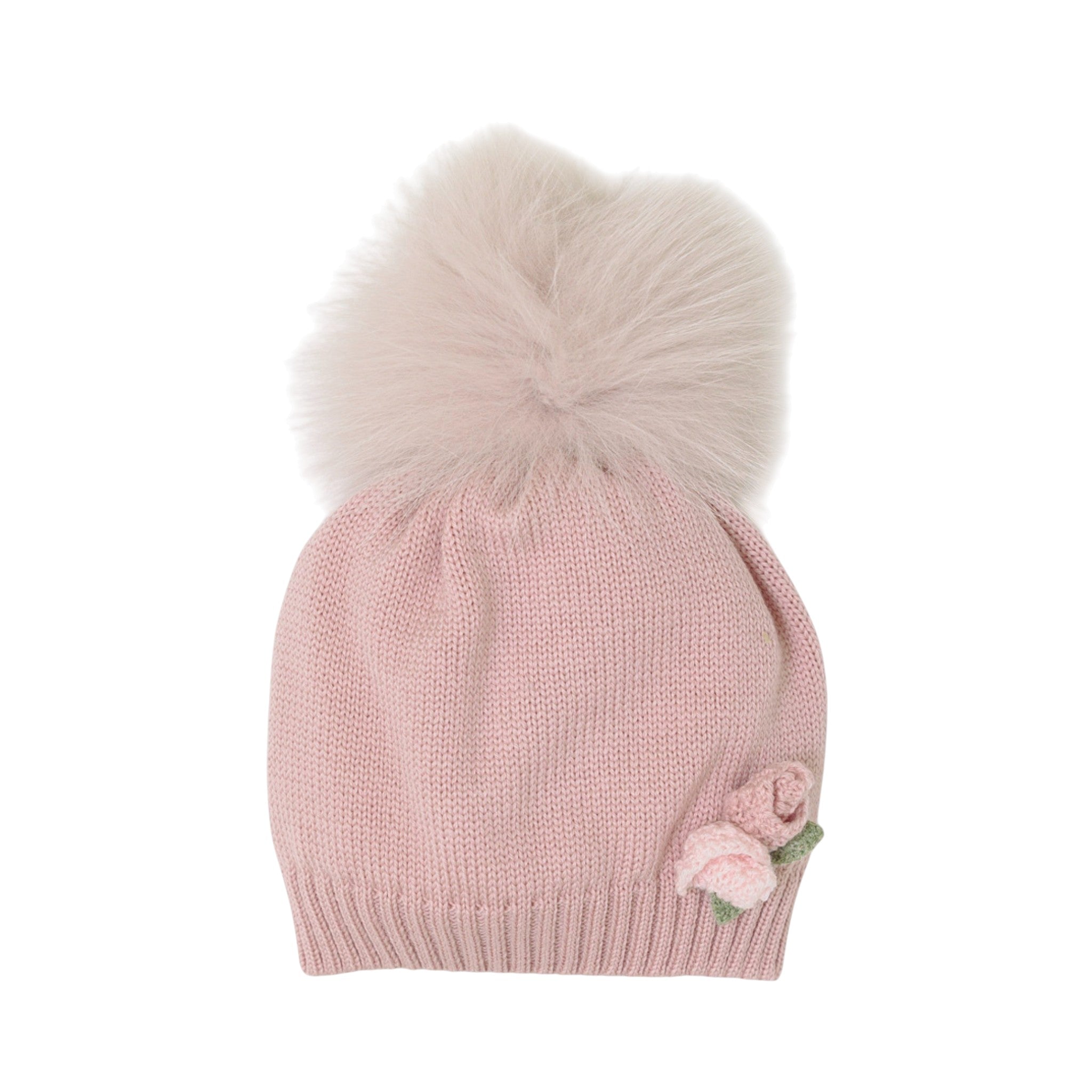 100% Virgin Wool Baby Hat, Marsala Pink, with Pom-Pom and Fur Trim IN1971/R