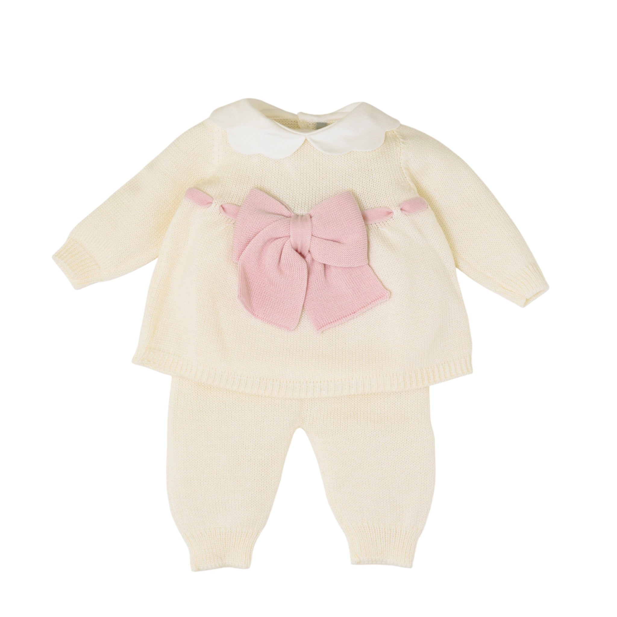 Newborn Baby Girl's Outfit, Cream Color with Pink Bow, LE DODO' - Made in Italy 2P92-1007