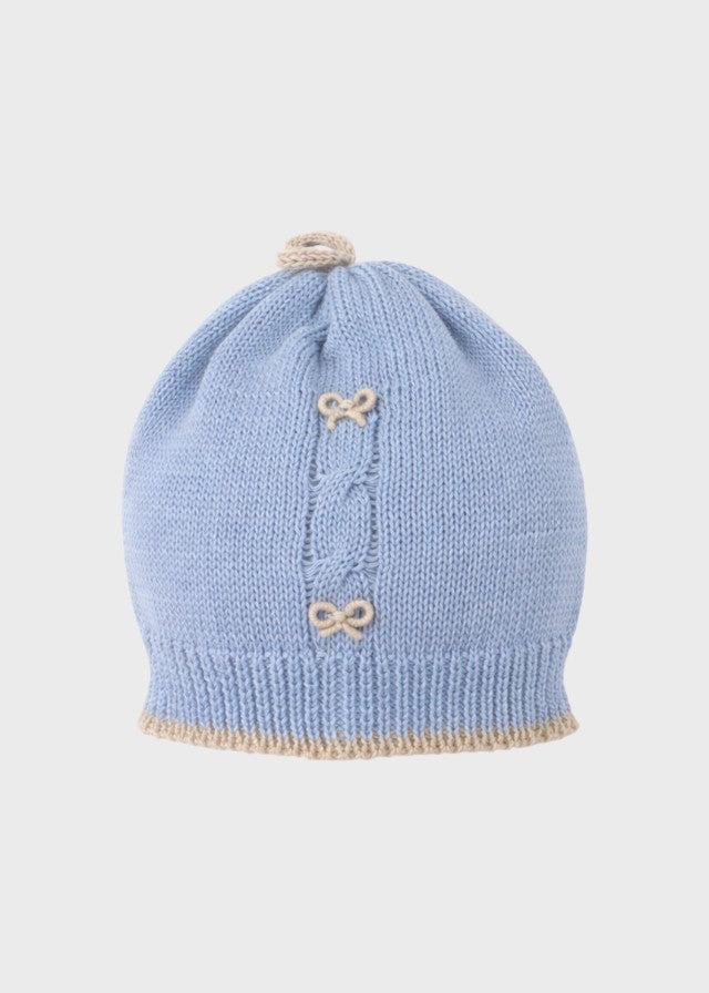 Cuffia neonato cotone azzurro fiocchi ricamati punto vapore nodo d'amore Made Italy PICCOLA GIUGGIOLA ROBERTO