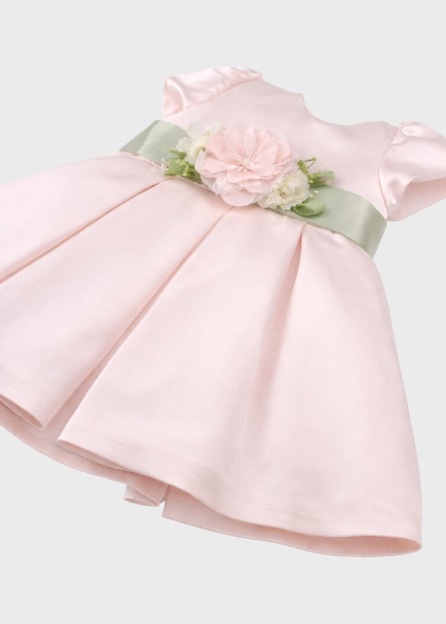 Abito Cerimonia Fascia Fiore Rosa Cipria Verde Salvia