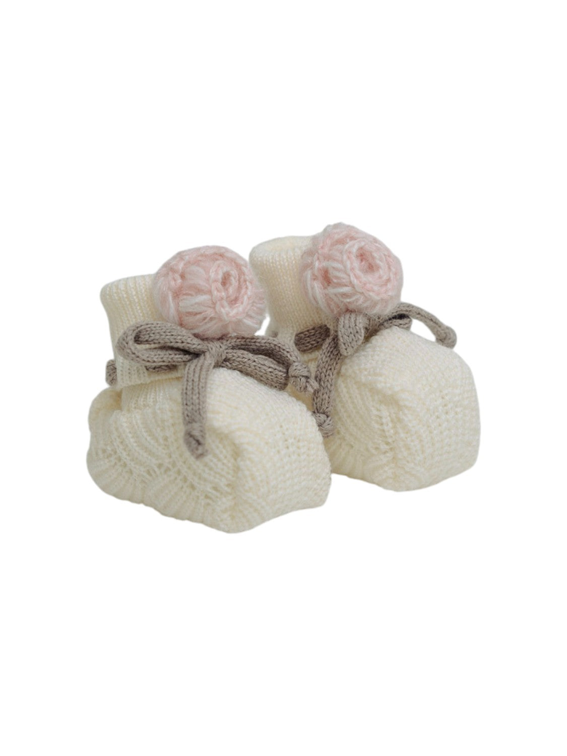 Baby Booties, 100% Virgin Wool, Vanilla, Pink Flower, Laccetto IN25S