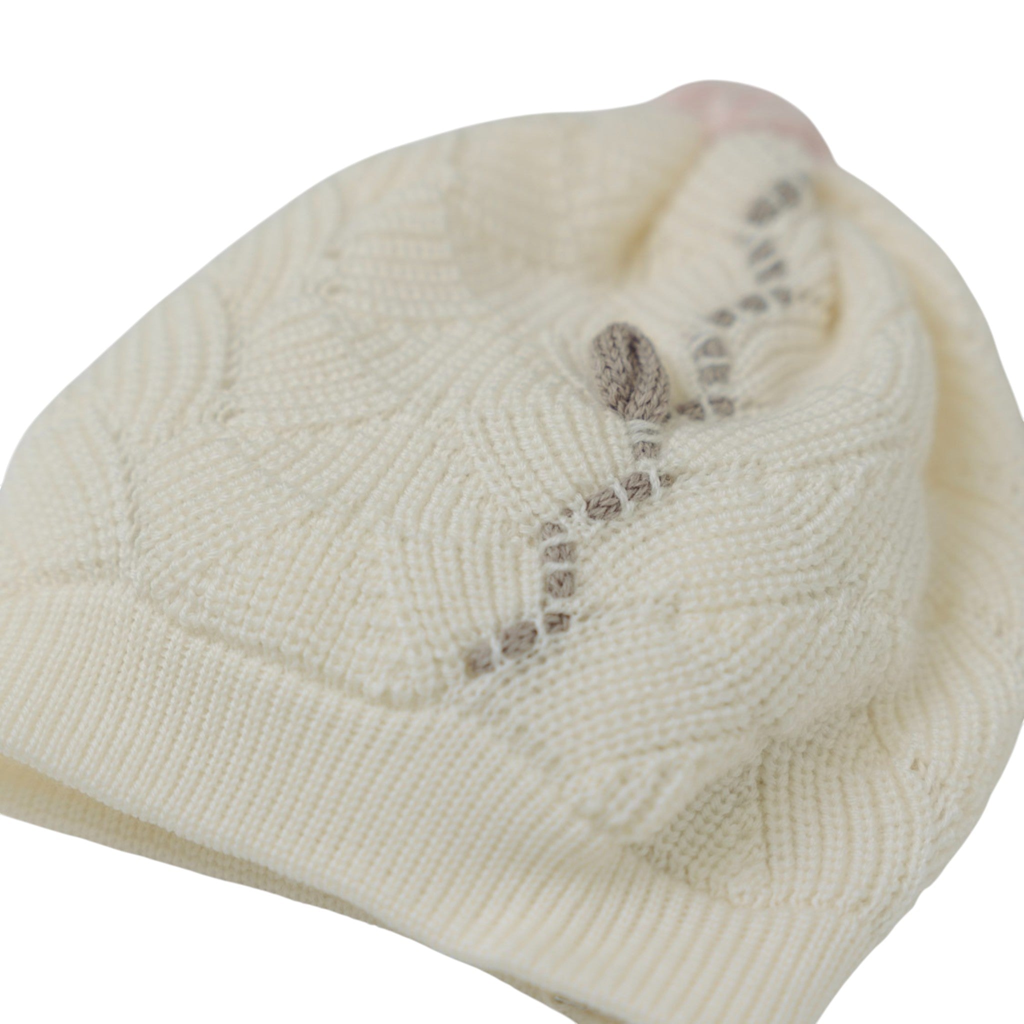 100% Virgin Wool Baby Hat, Vanilla Color, Openwork Flower Design, Pink IN2571