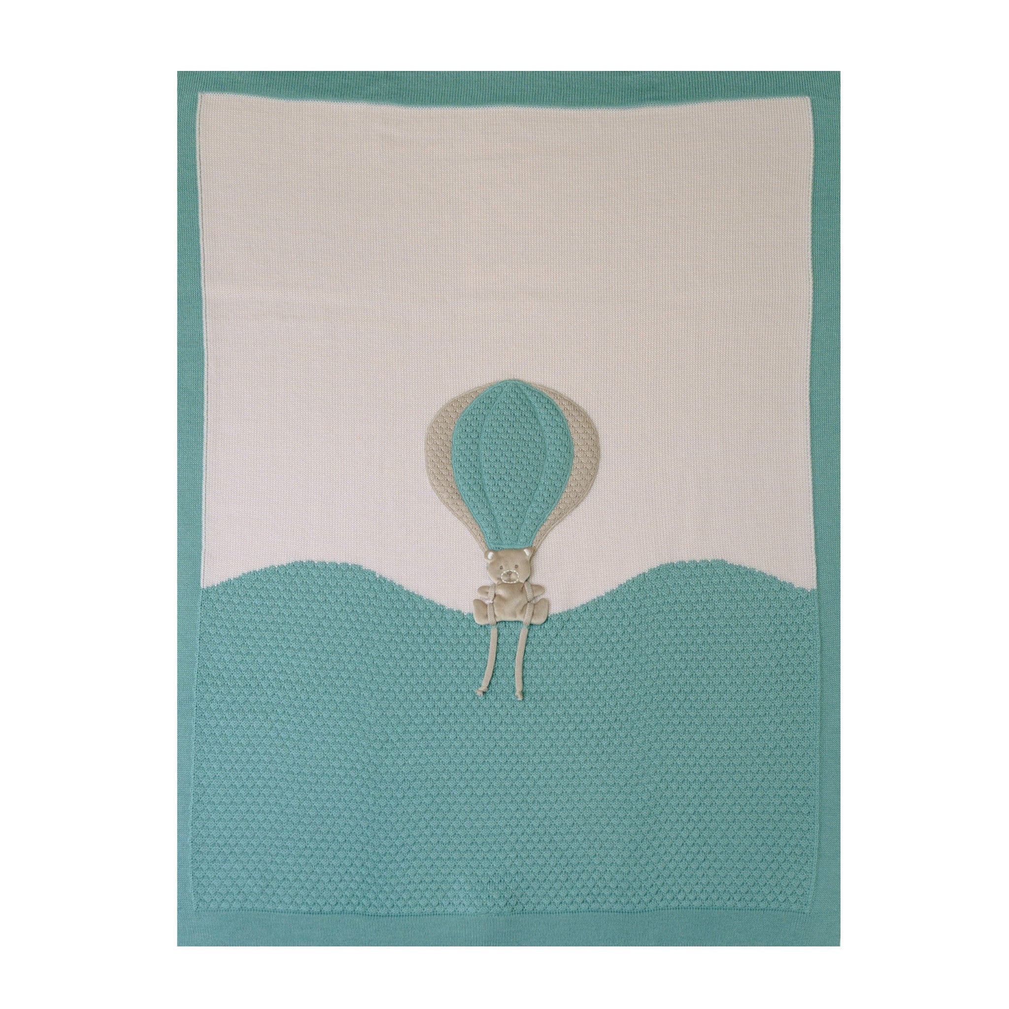 100% Virgin Wool Baby Blanket, Green Hot Air Balloon and Bear Design, IN5780/V