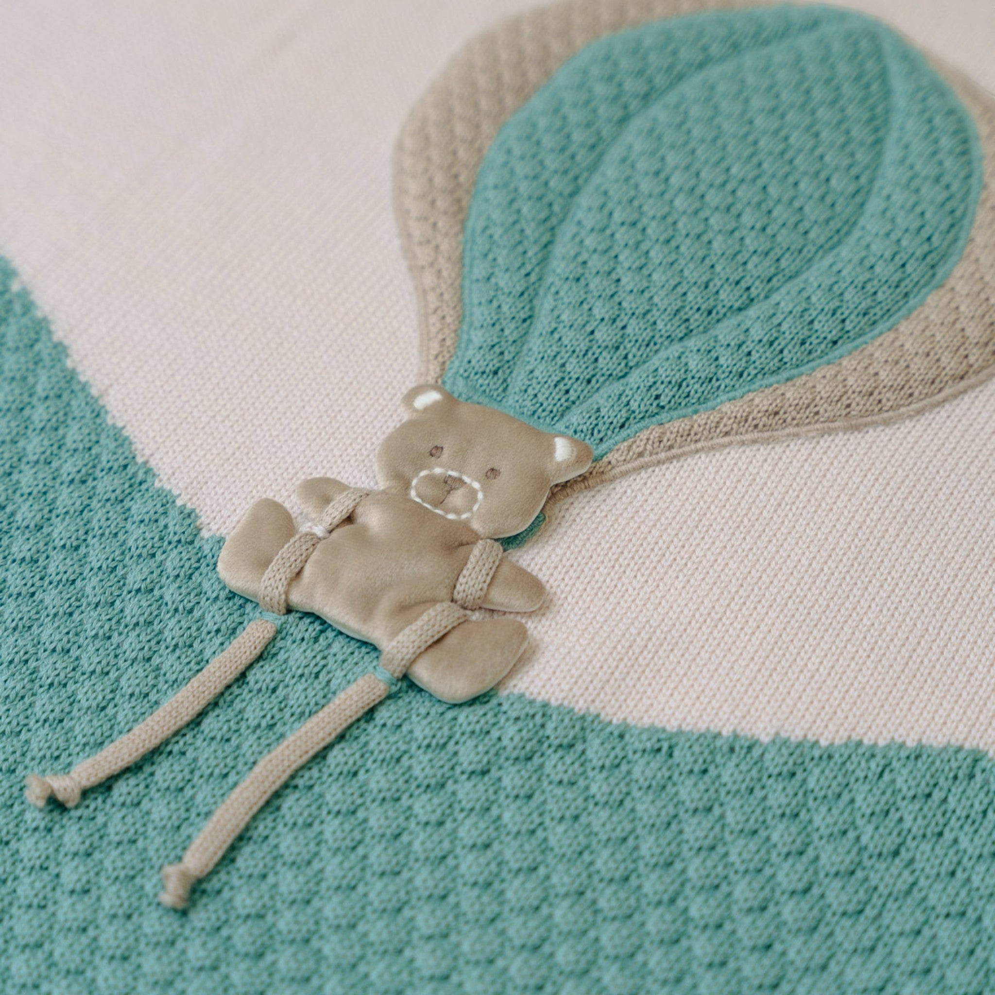 100% Virgin Wool Baby Blanket, Green Hot Air Balloon and Bear Design, IN5780/V