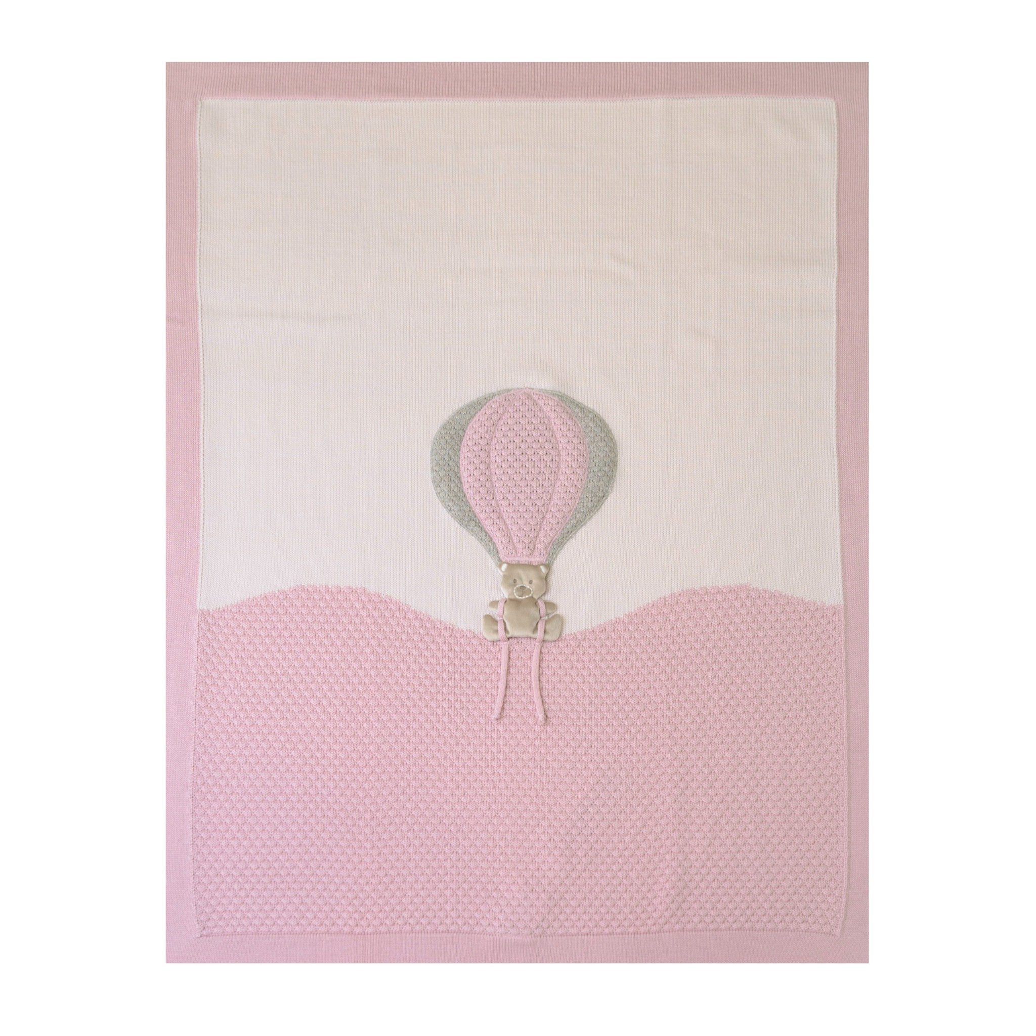 100% Virgin Wool Baby Blanket, Pink Hot Air Balloon Bear Design IN5780/R