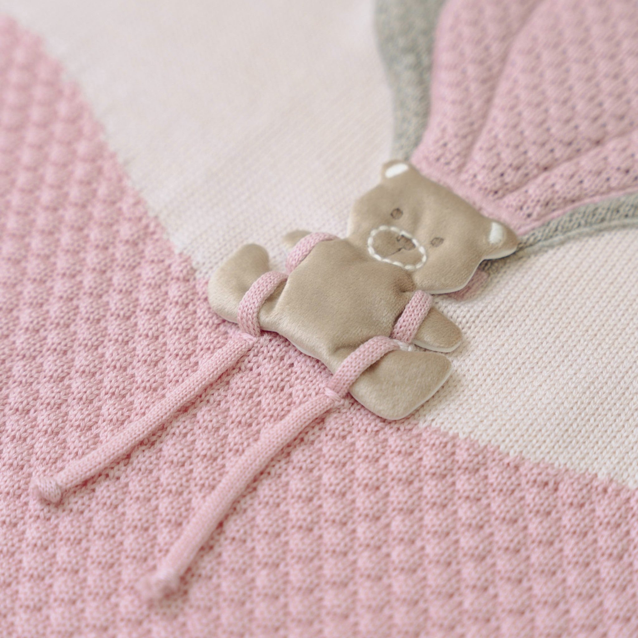 100% Virgin Wool Baby Blanket, Pink Hot Air Balloon Bear Design IN5780/R