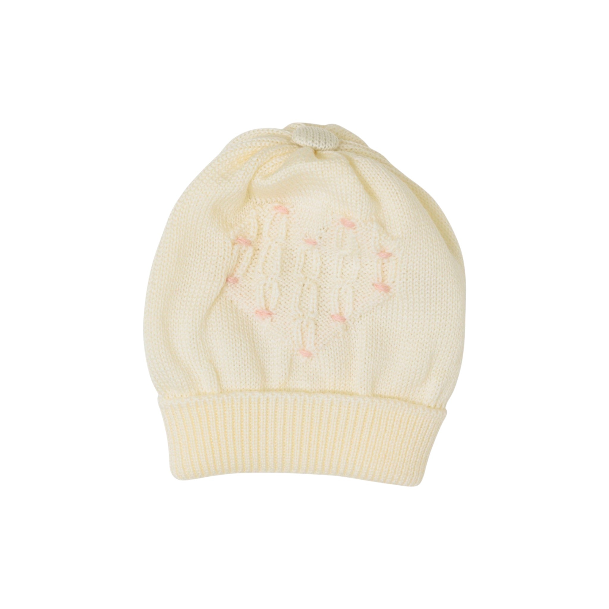 Baby Hat in Virgin Wool, Vanilla Color with Heart and Pom Pom - MARLÙ IN1171BT