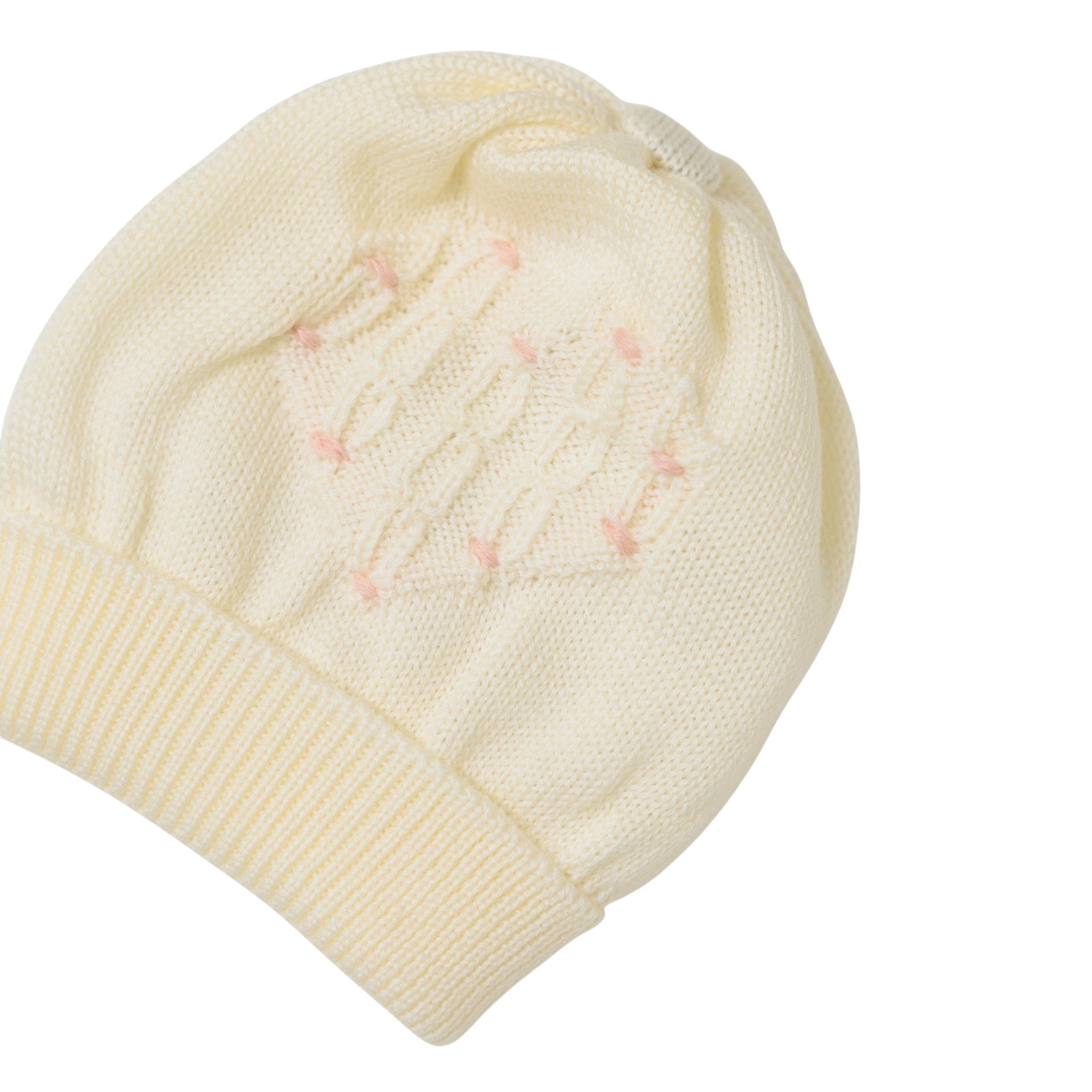 Baby Hat in Virgin Wool, Vanilla Color with Heart and Pom Pom - MARLÙ IN1171BT