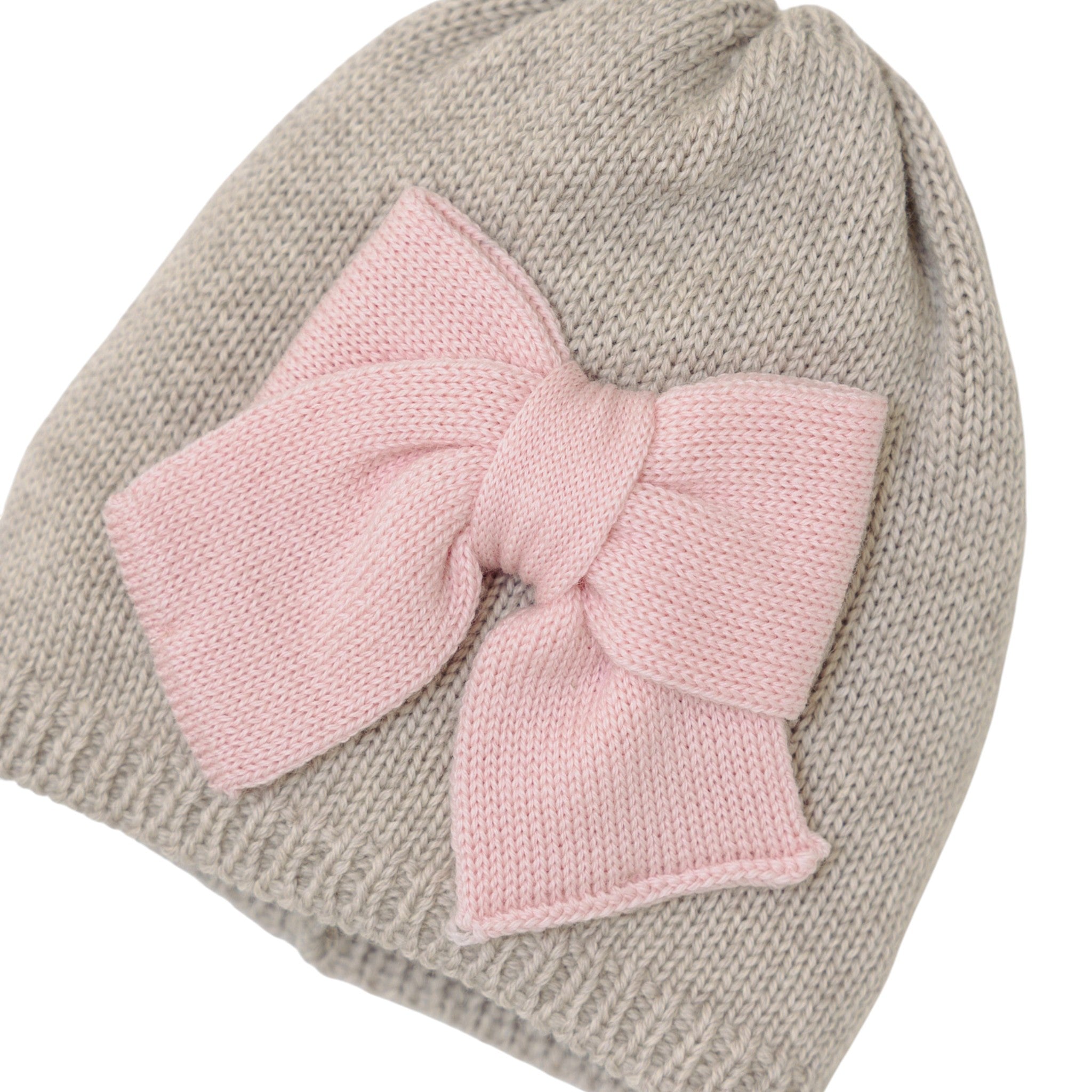 Baby Girl's Hat, Tortora color with Pink Bow, LE DODO' - Made in Italy CA92-3007