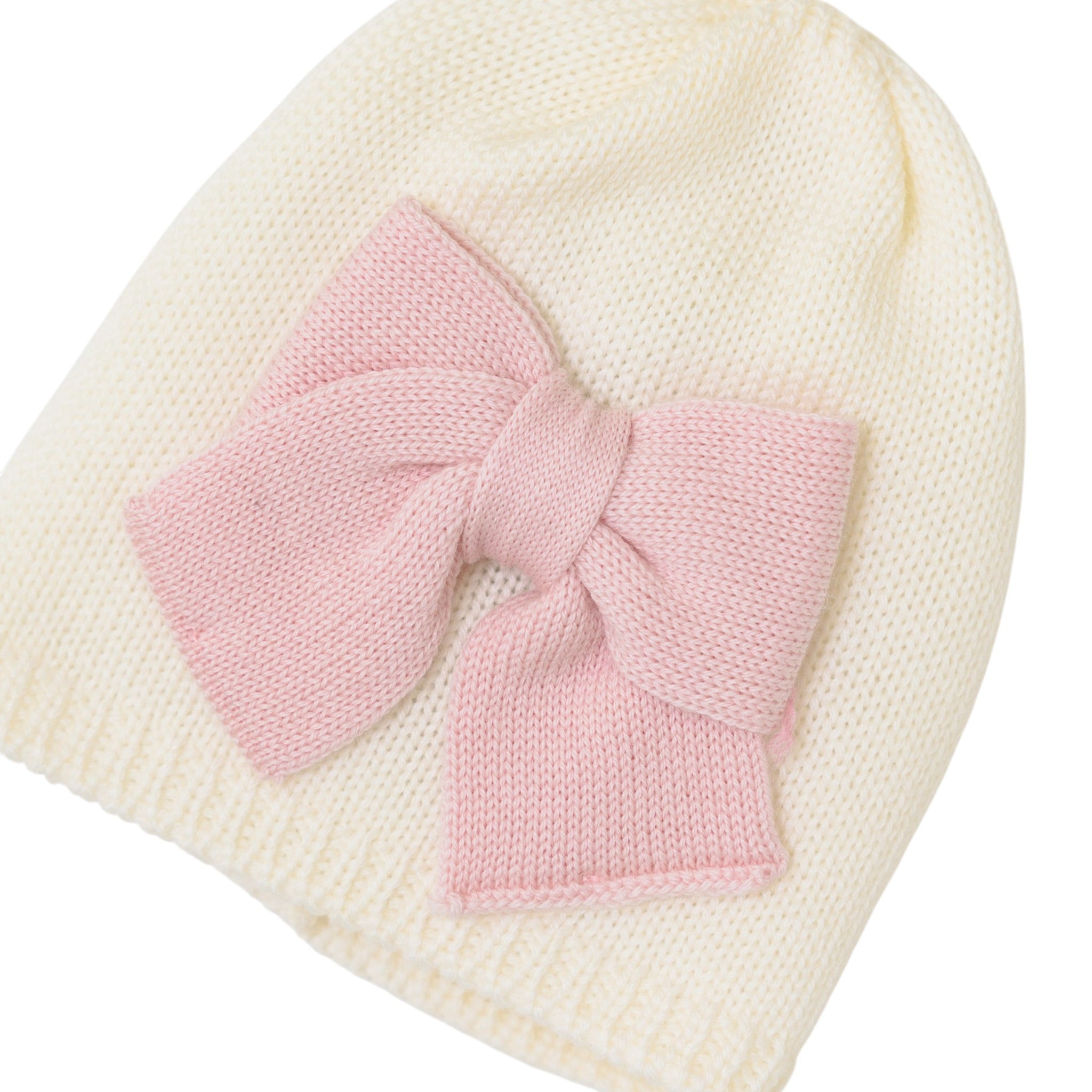 Baby Girl's Hat, Cream with Pink Bow, LE DODO' - Made in Italy CA92-1007