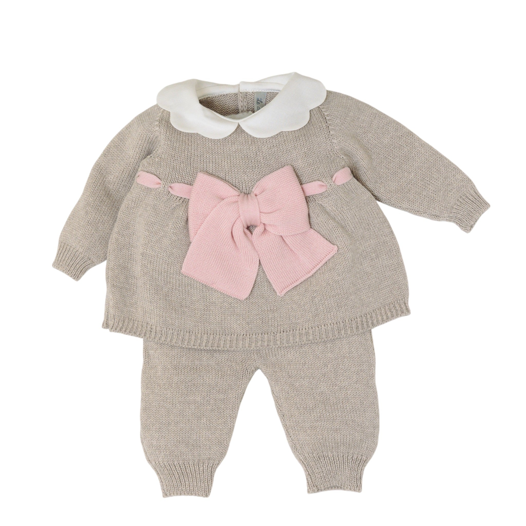Newborn Baby Girl Outfit, Tortora Color, Pink Bow, LE DODO' - Made in Italy 2P92-3007