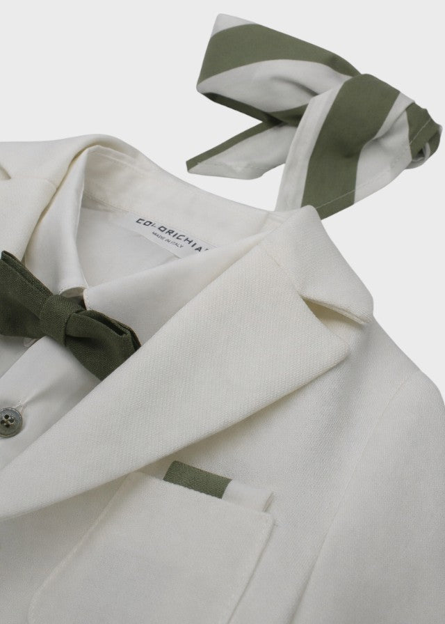 Coordinated White Jacket with Green Bermuda Shorts and Checkered Skirt