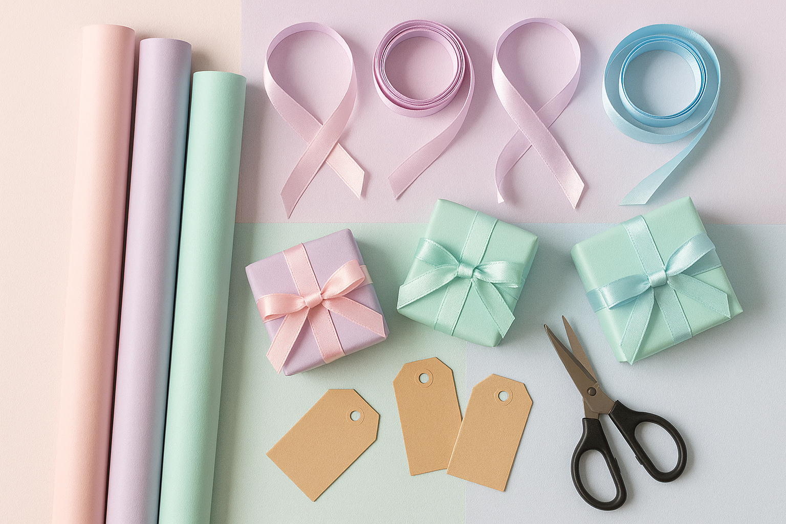 A 1200x1200px image showing gift wrapping materials arranged neatly on a pastel-colored background. Include pastel wrapping paper rolls (pink, lavender, mint, baby blue), satin ribbons, scissors, gift tags, and a few small gift boxes partially wrapped. The lighting is soft and bright, giving a cozy and creative atmosphere.