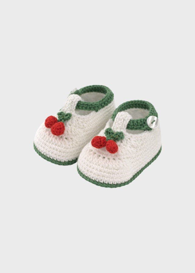 Babbucce neonata cotone avorio ciliegine ricamate a mano Made Italy PICCOLA GIUGGIOLA CHERRY