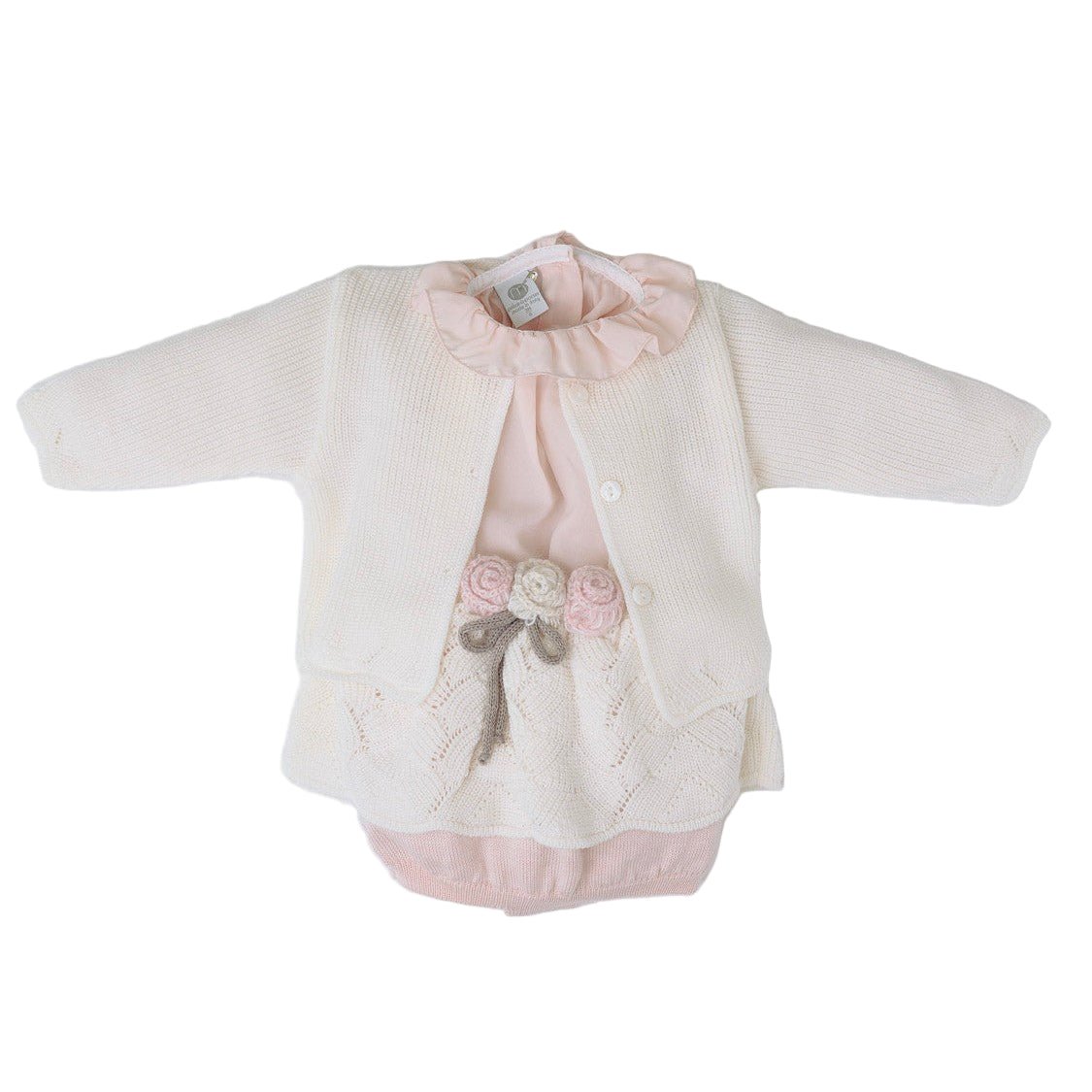 Completo 3 Pezzi Bimba Lana Vergine 100% Vaniglia Salopette Fiori IN2560 corredino e abbigliamento neonato | NANU' BABY