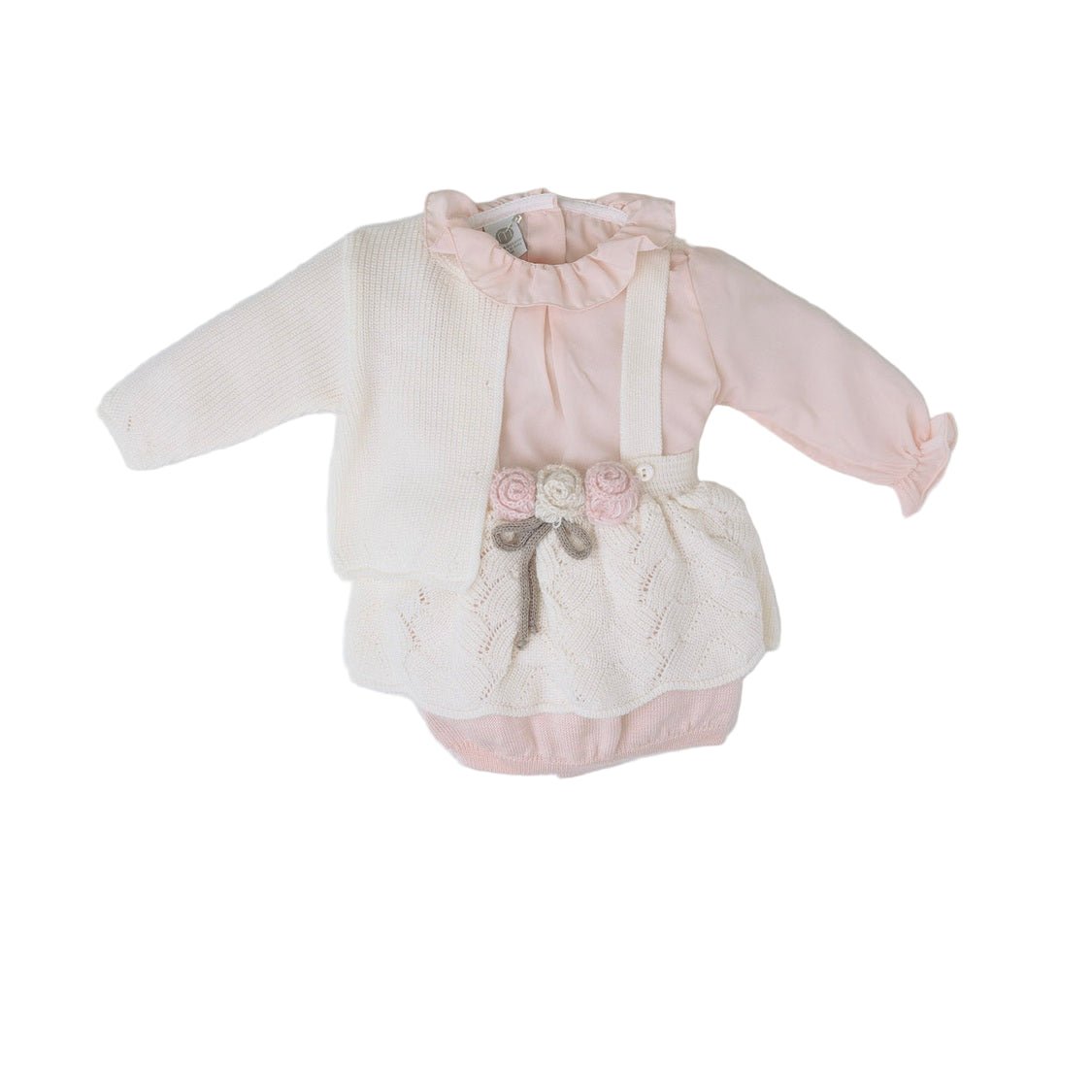 Completo 3 Pezzi Bimba Lana Vergine 100% Vaniglia Salopette Fiori IN2560 corredino e abbigliamento neonato | NANU' BABY