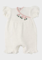 Tutina pagliacetto neonata cotone bianco rose ricamate a rilievo incrocio corpetto Made Italy PICCOLA GIUGGIOLA DELIZIA