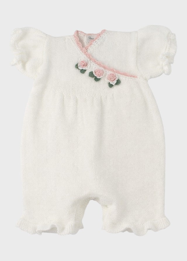 Tutina pagliacetto neonata cotone bianco rose ricamate a rilievo incrocio corpetto Made Italy PICCOLA GIUGGIOLA DELIZIA
