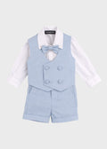 Completo cerimonia 4 pezzi bimbo gilet bermuda camicia body papillon cielo misto lino battesimo Made Italy EMANUEL PRIS