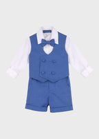 Completo cerimonia 4 pezzi bimbo gilet bermuda camicia body papillon azzurro satin cotone battesimo Made Italy EMANUEL PRIS