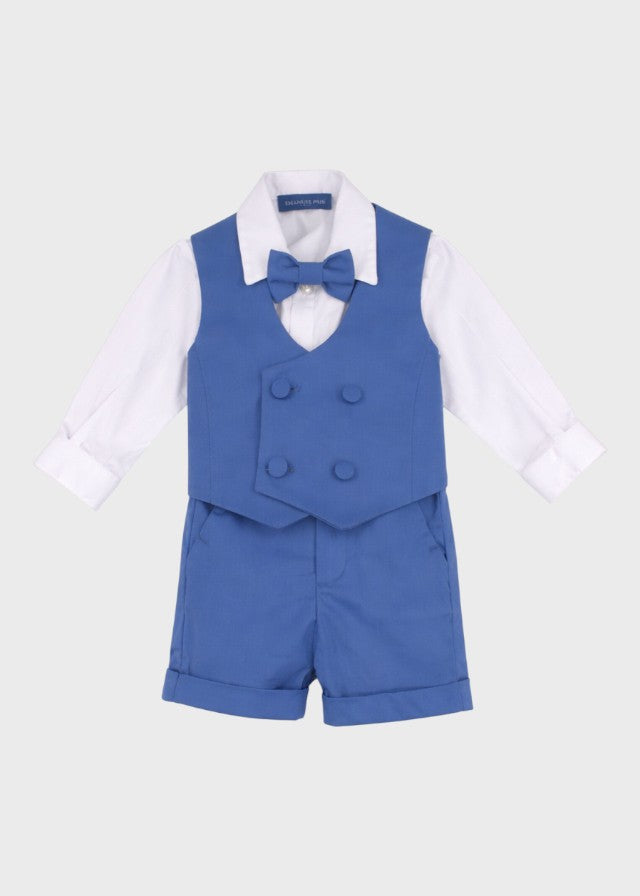 Completo cerimonia 4 pezzi bimbo gilet bermuda camicia body papillon azzurro satin cotone battesimo Made Italy EMANUEL PRIS