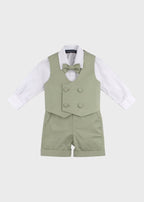 Completo cerimonia 4 pezzi bimbo gilet bermuda camicia body papillon verde salvia cotone satin battesimo Made Italy EMANUEL PRIS
