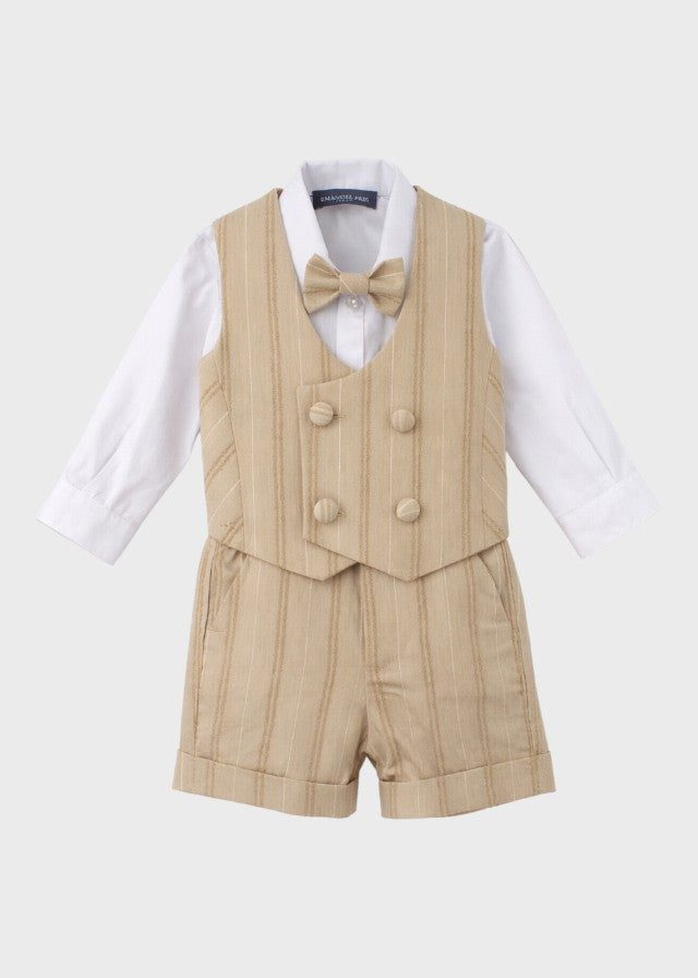 Completo cerimonia 4 pezzi bimbo gilet bermuda camicia body papillon marrone battesimo Made Italy EMANUEL PRIS
