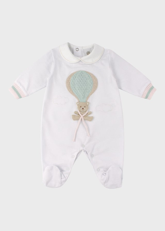 Tutina neonata cotone elasticizzato rosa verde salvia ricamo mongolfiera orsetto teddy 0-3 mesi Made Italy MARLÙ EK50