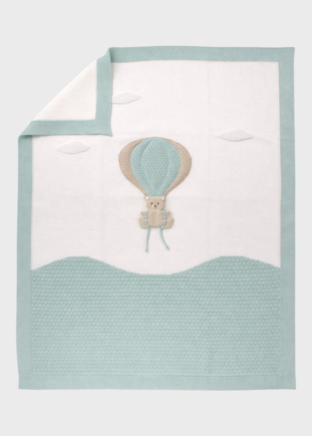 Coperta neonato cotone smacchinato vaniglia verde salvia ricamo mongolfiera orsetto teddy 70x90cm Made Italy MARLÙ EK50