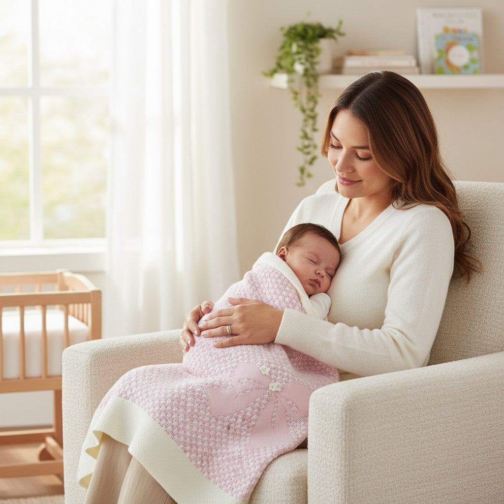 Pink Wool Baby Blanket with Bow 7764
