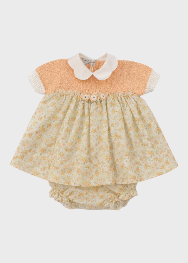 Completo nascita abito corpetto cotone ricamato coulotte avorio miele verde fiorellini Made Italy PICCOLA GIUGGIOLA