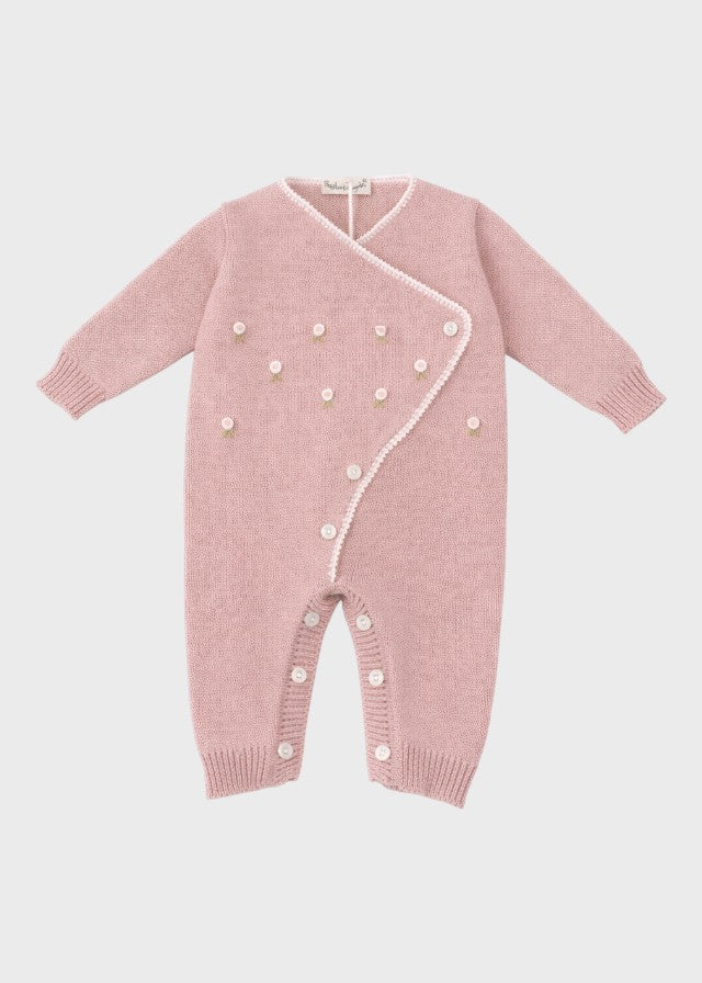 Tutina incrociata neonata cotone rosa cipria fiorellini ricamati a mano Made Italy PICCOLA GIUGGIOLA TERESA