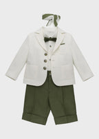 Coordinated White Jacket with Green Bermuda Shorts and Checkered Skirt
